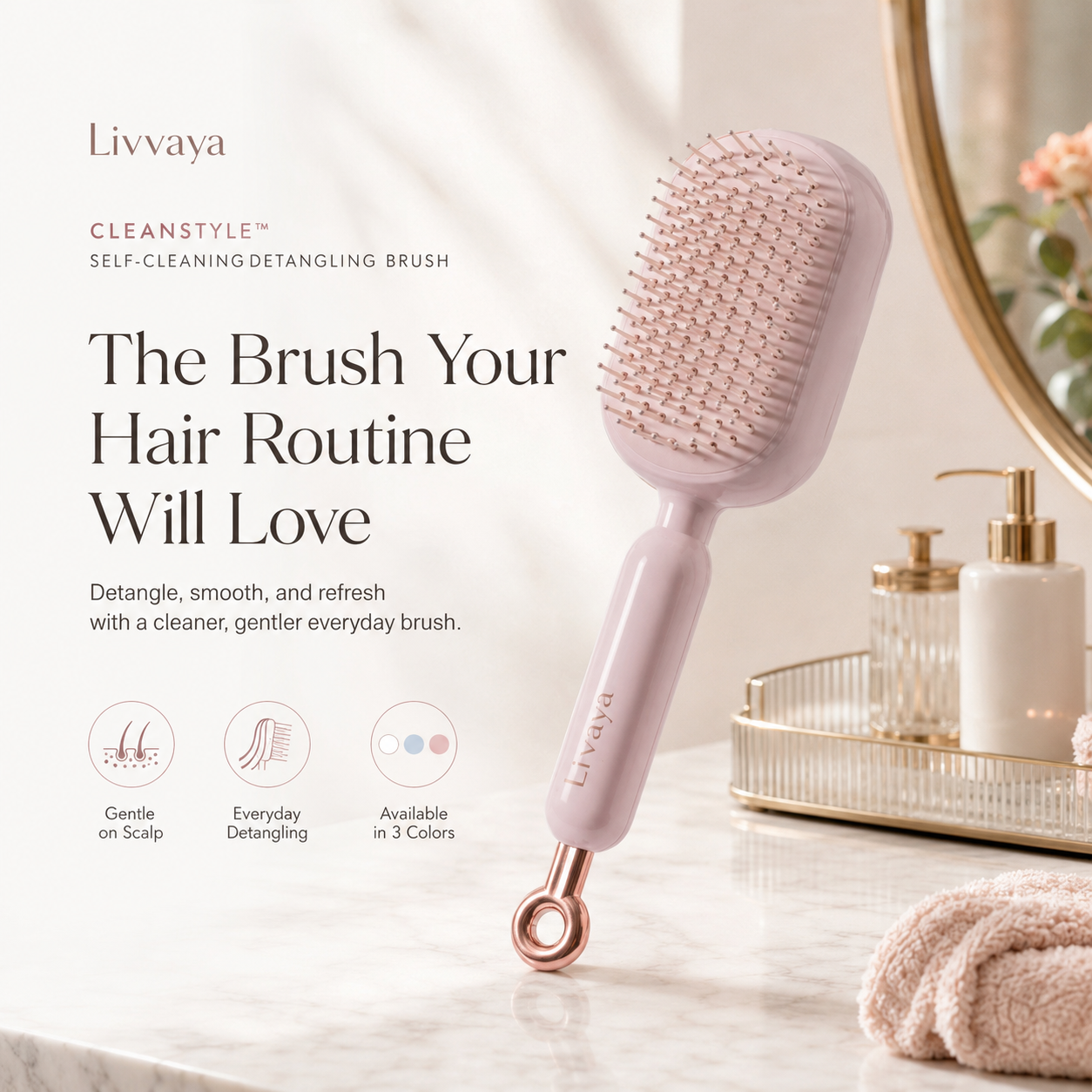 Livvaya Self CleanStyle™ Easy-Clean Detangling Brush