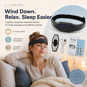 Woman wearing a relaxation device with LIVVAYA branding and product features displayed.